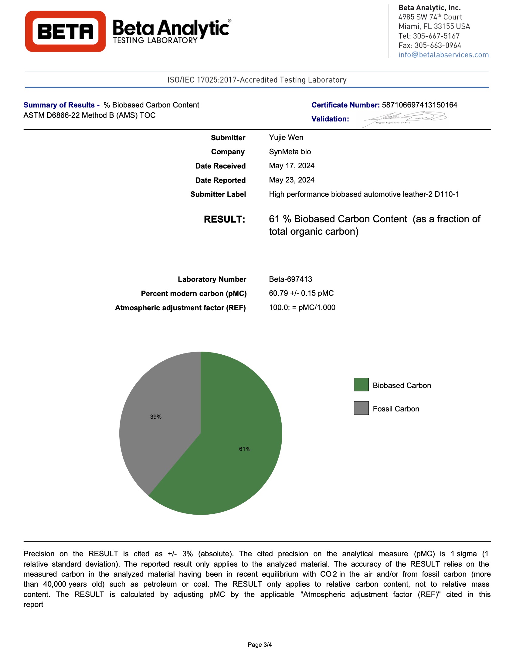 61% Bio-Based Content Certification 