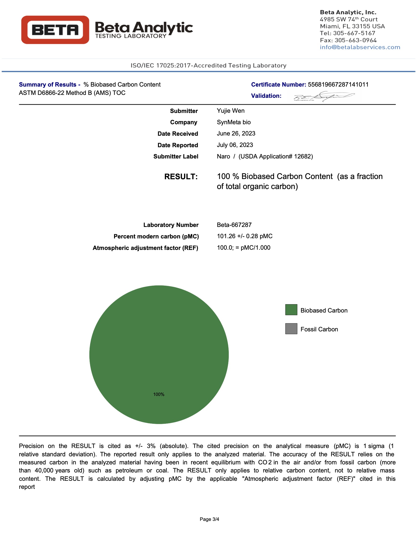 100% Bio-Based Content Certification 