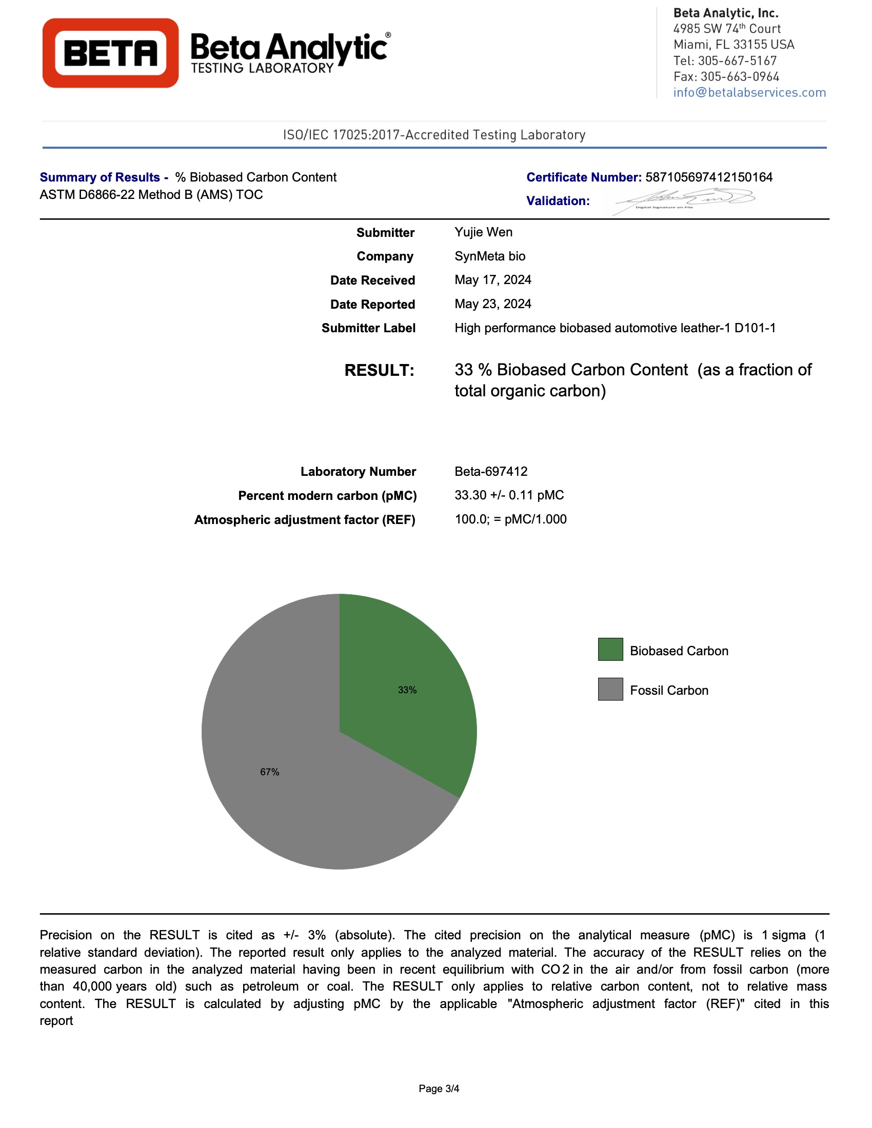 33% Bio-Based Content Certification 
